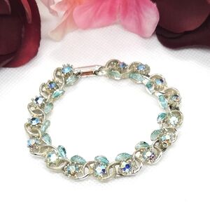 Vintage Green Blue Aurora Borealis Crystal Leaf Link Bracelet